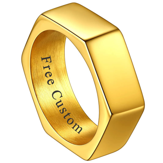 ChainsHouse Personalize Simple Band Rings 18K Gold Plated Geometric Hexagon Biker Ring for Men Women, Size 7