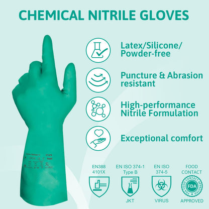 Ansell AlphaTec 37-675, Chemical Resistant Nitrile Gloves, Versatile Waterproof Work Gloves, Food Gloves & Cleaning Gloves with Superior Grip, Latex Free Gloves, Green Nitrile Gloves 2XLarge, 12 Pairs