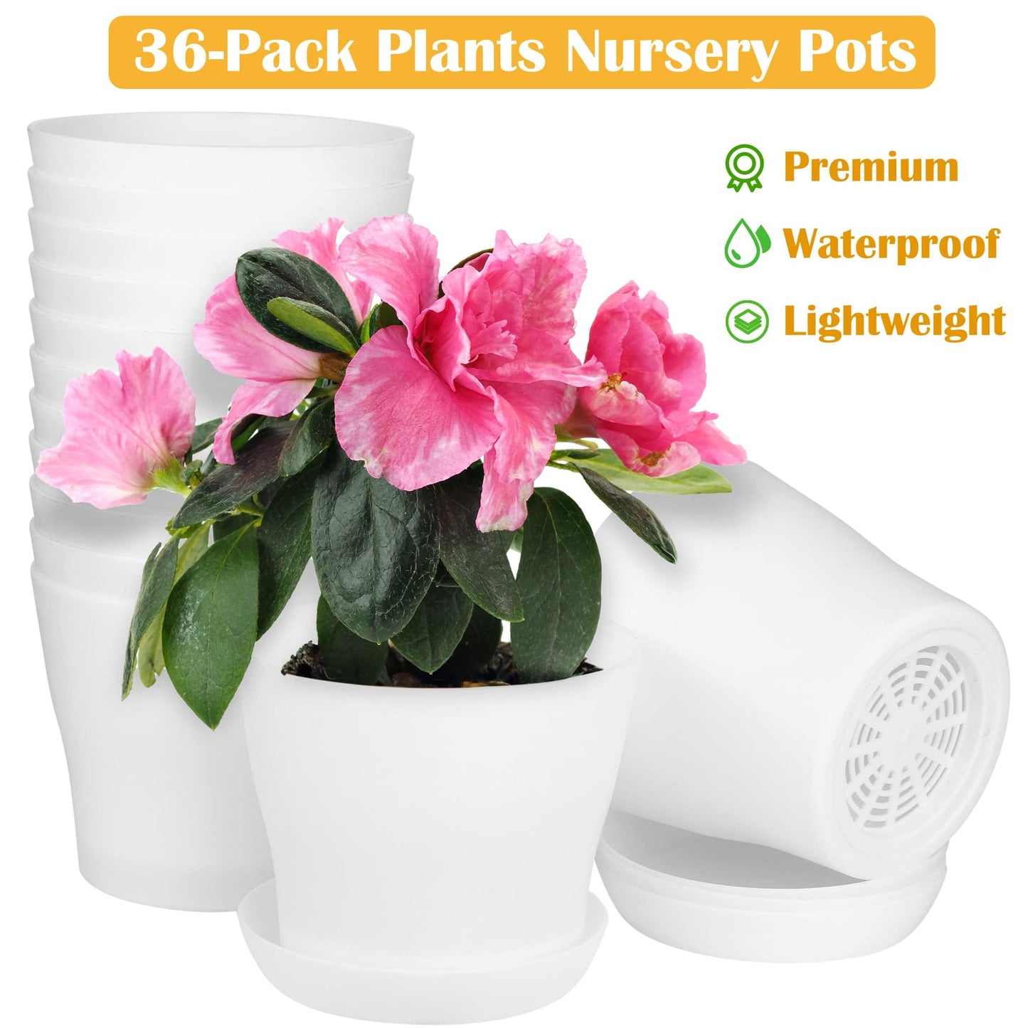 Hahood 36 Pack Plants Nursery Pots 4 Inches Plastic Flower Plant Pots Thickened Seedlings Nursery Pots with Tray White Flower Pots Gardening Plant Containers for Outdoor Indoor