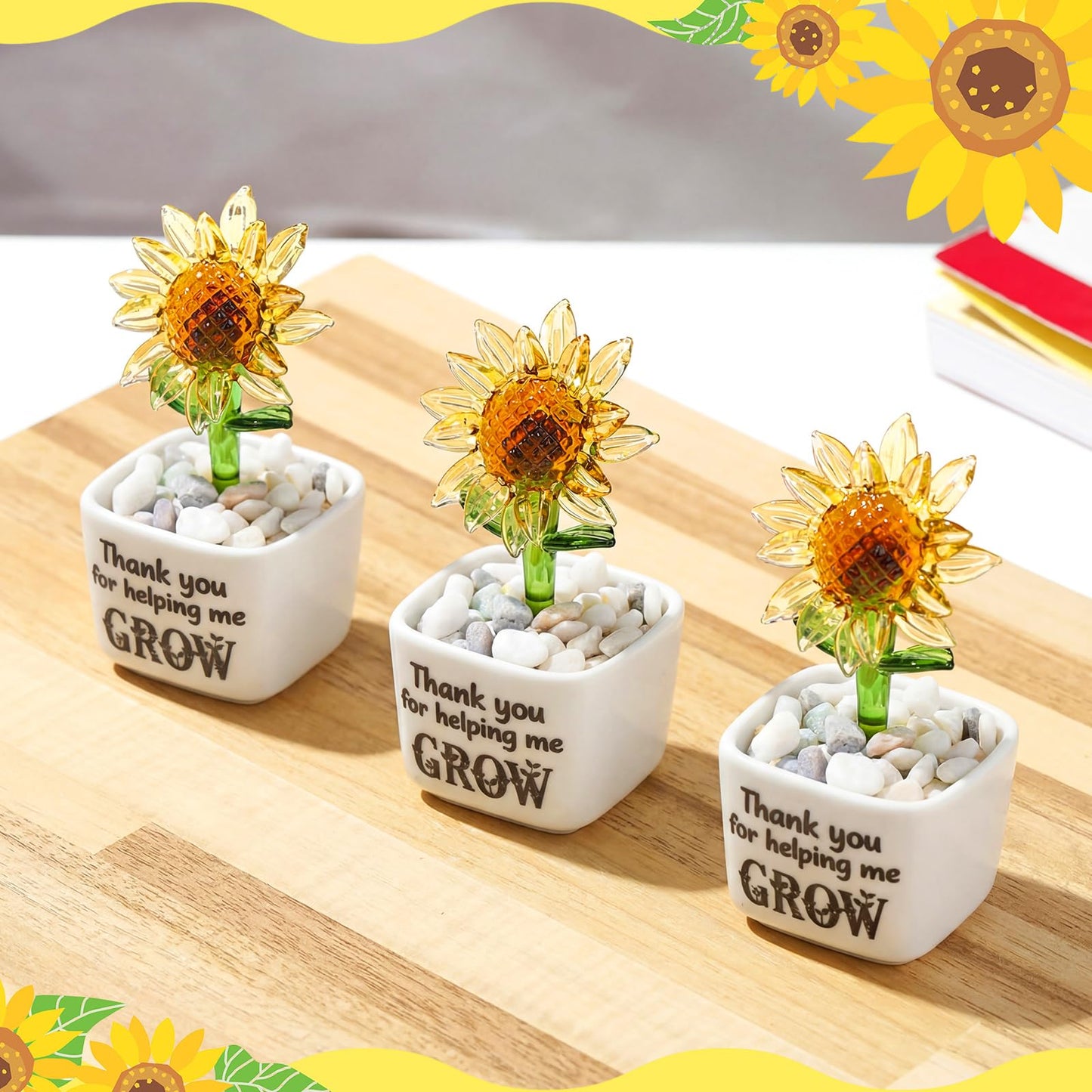 Remerry 3 Pcs Teacher Appreciation Week Gift End of Year Glass Pot Thank You for Helping Me Grow Figurine Glass Sunflower Figurine Bulk Inspirational Plant Pot for Teacher Table Decor