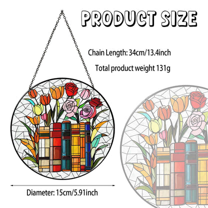 RVEAFA Flower Book Stained Glass Window Hanging 6'' Sun Catcher Book Club Lover Gifts for Women Reading Room Decor Handmade SunCatcher Decoration for Garden Home Bookish Library Decor