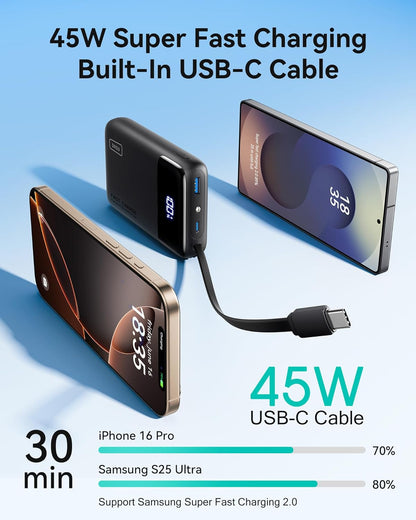 INIU 45W Portable Charger, Smallest 20000mAh Power Bank with Build in USB-C Cable, Fast Charging USB C in&Out Battery Pack, Travel Phone Charger for iPhone 17 16 15 Air Samsung S25 S24 Google iPad etc