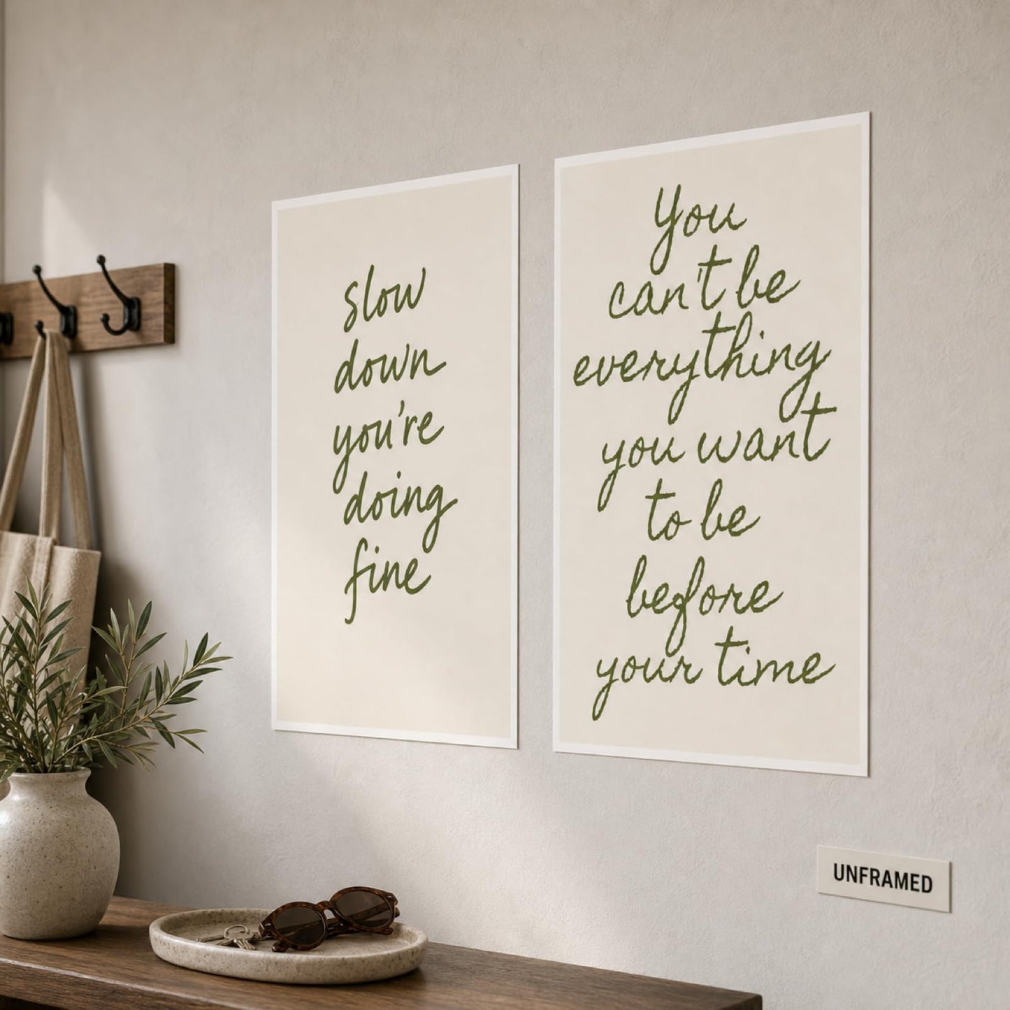 Slow Down & You Can't Be Everything Quote Wall Art Set of 2 Modern Minimalist Sage Green Neutral Tone Inspirational Wall Decor for Living Room Bedroom Office Calming Mindfulness Art 16x24 Inch Unframed