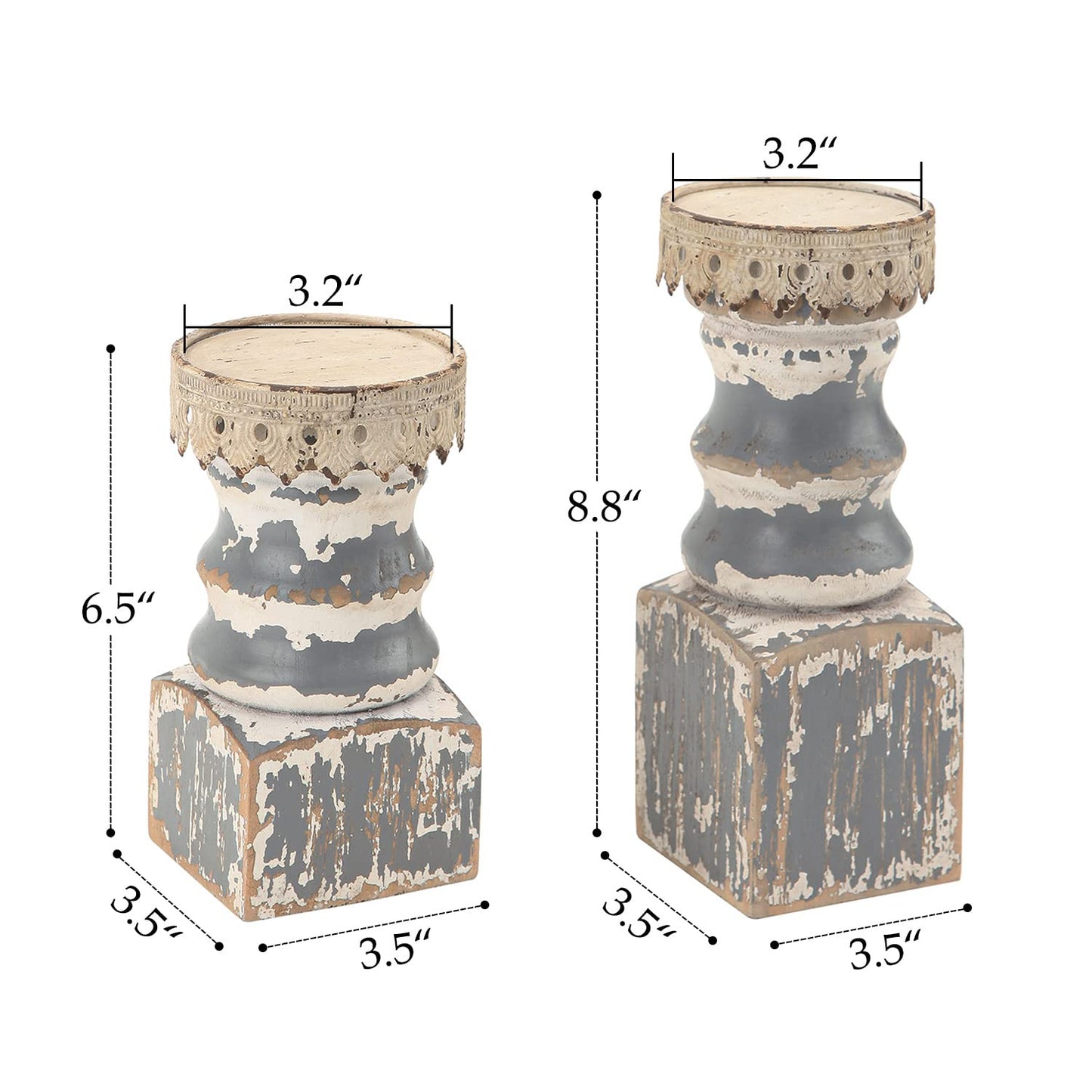 NIKKY HOME Farmhouse Rustic Solid Wood Pillar Candle Holders Set of 2, Grey