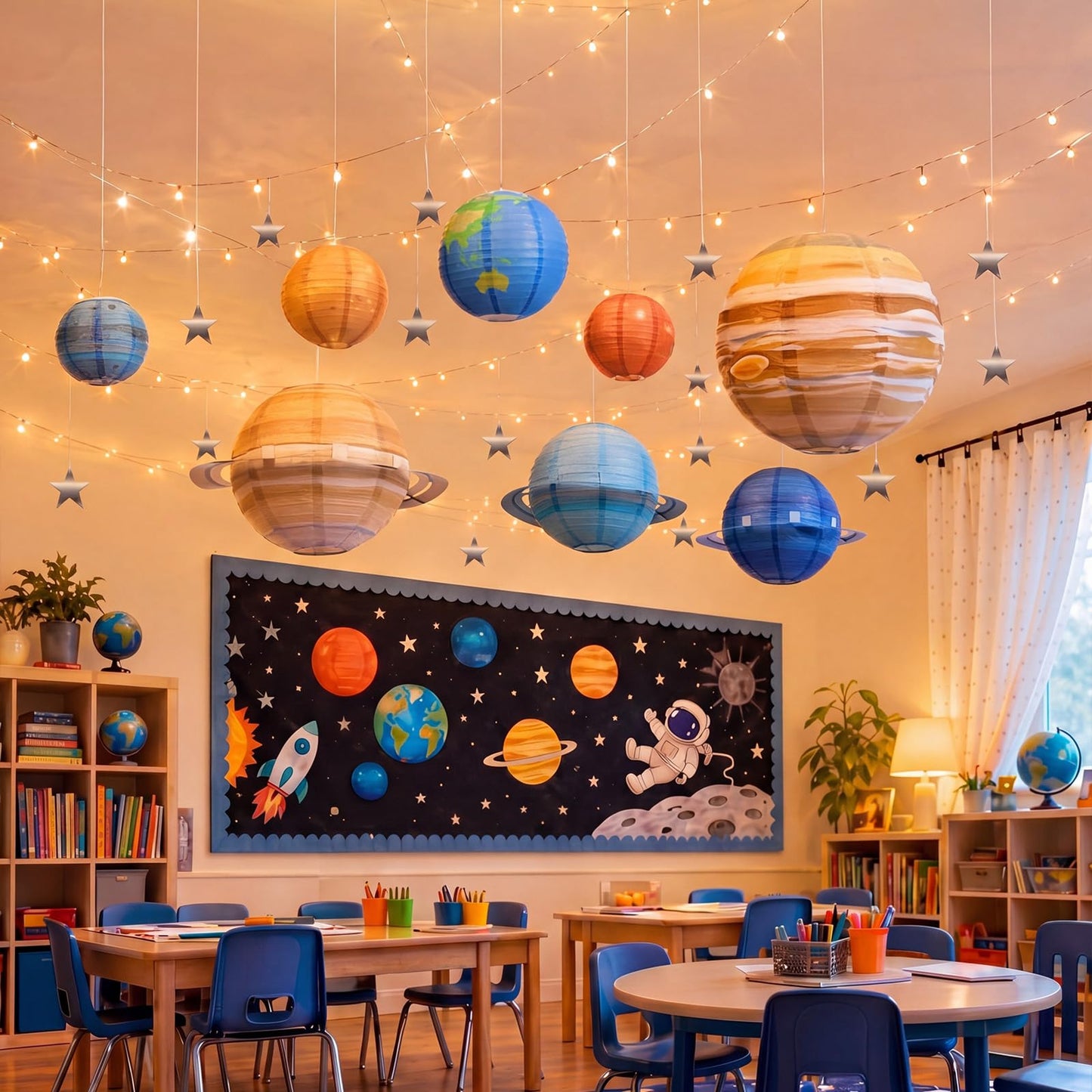 Relaxgiant 53 Pcs Space Ceiling Decoration for Classroom Galaxy Hanging Planet Decor Set with Solar System Lanterns, 66ft String Lights, Silver Stars, Hook for Outer Space Astronaut Birthday VBS Party
