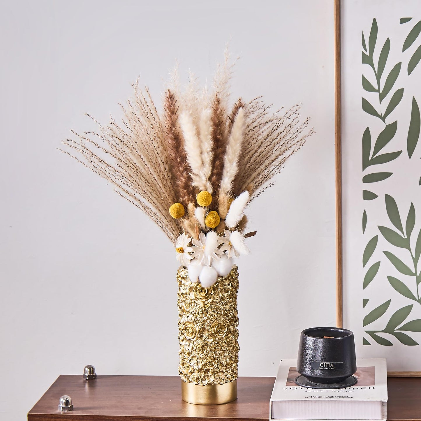 Gold Rose Hand-Carved Resin Vase – 8 Inch Decorative Cylinder Vase for Pampas Grass, Centerpiece, Home Decor | Elegant Entryway, Countertop & Nightstand Accent | Unique Housewarming Gift