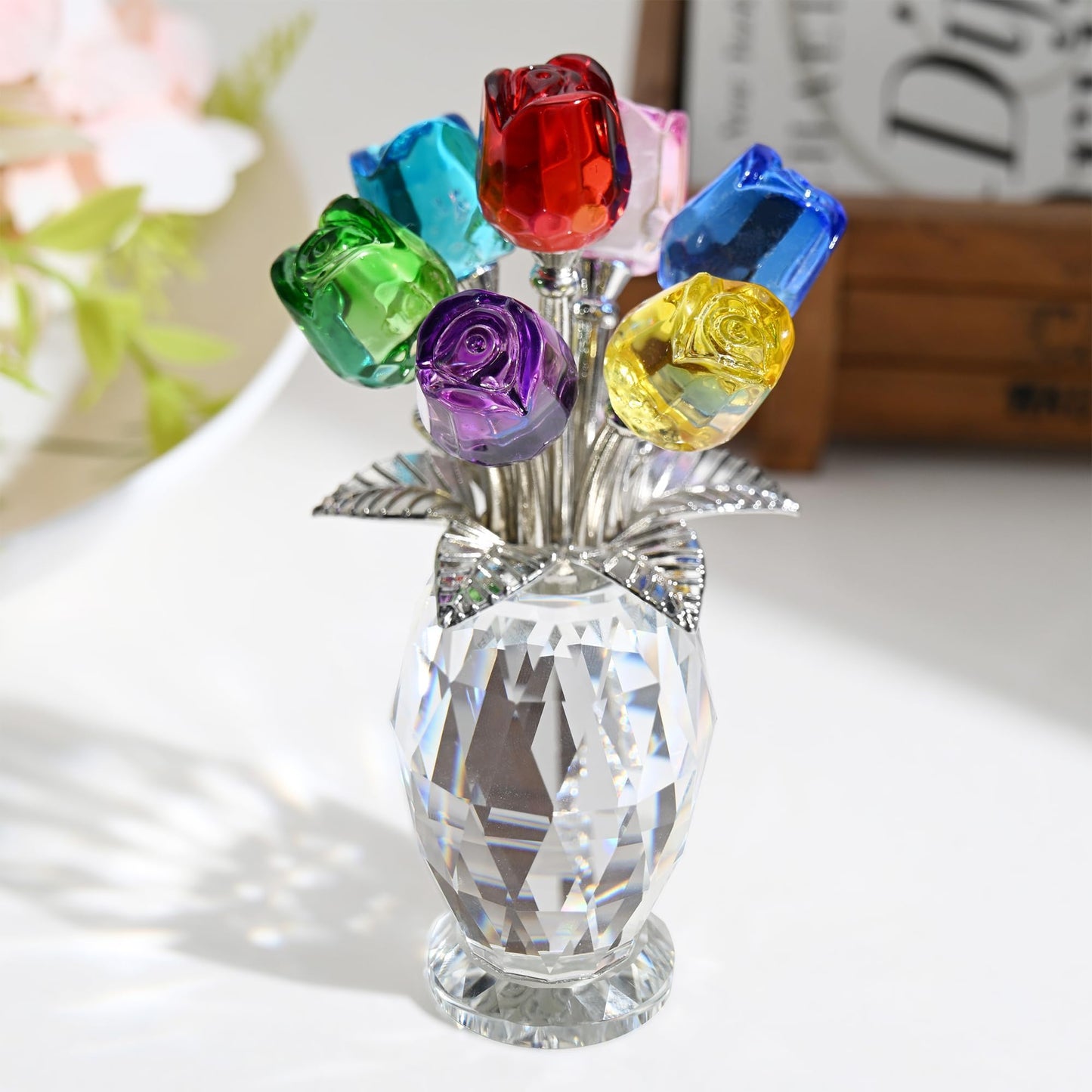 KRISININE Elegant Crystal Rose Figurine 7 Colorful K9 Crystal Flowers Floral Collectible Sculpture Romantic Gift for Valentine’s Day, Mother’s Day, Wedding, Anniversary
