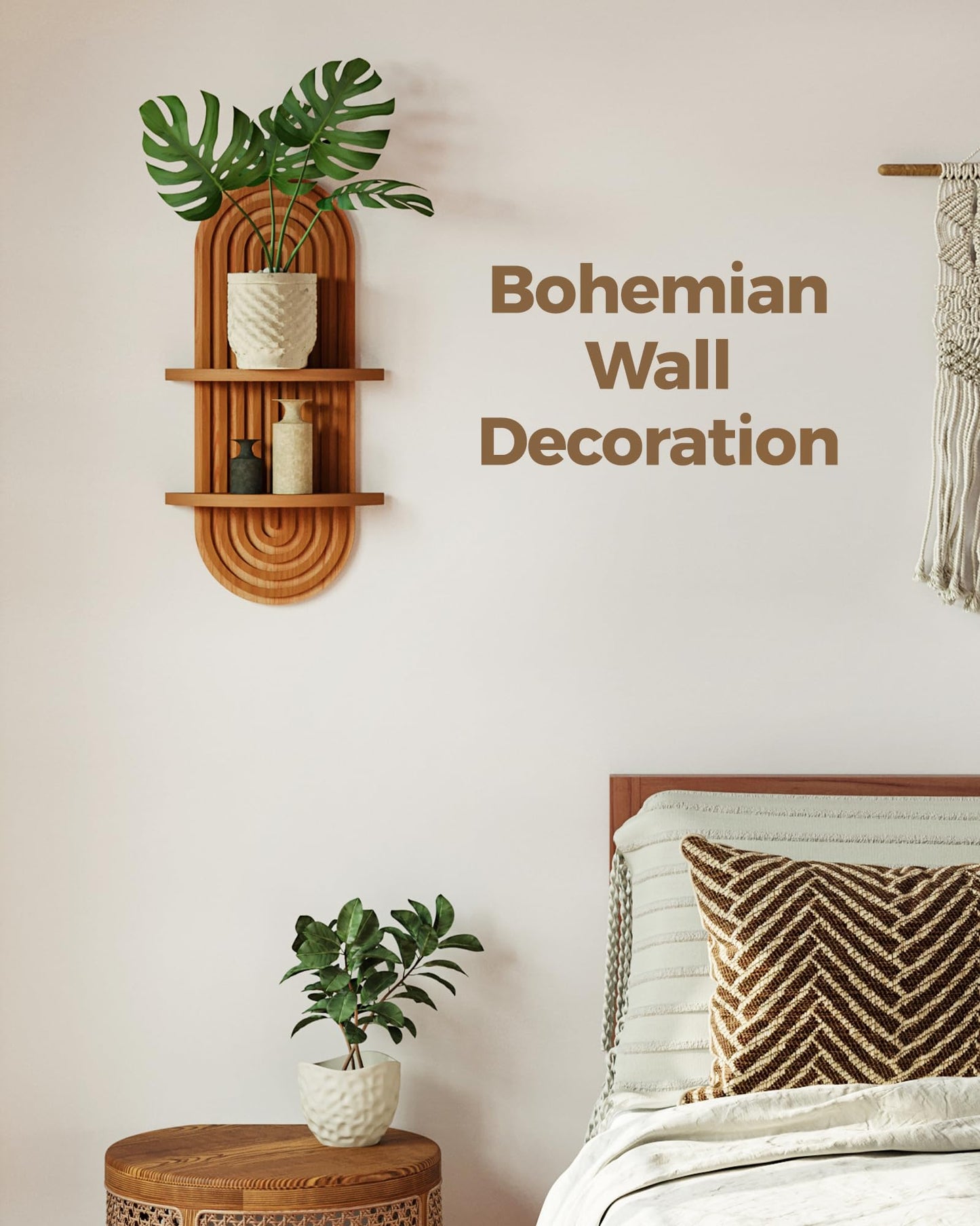 Bamworld Boho Wall Decor Brown Plant Wall Shelf Mid Century Modern Decor Hanging Plant Shelf 16.7in 2 Tier Wooden Floating Shelves for Home Bathroom Bedroom Living Room Office Holding Planter