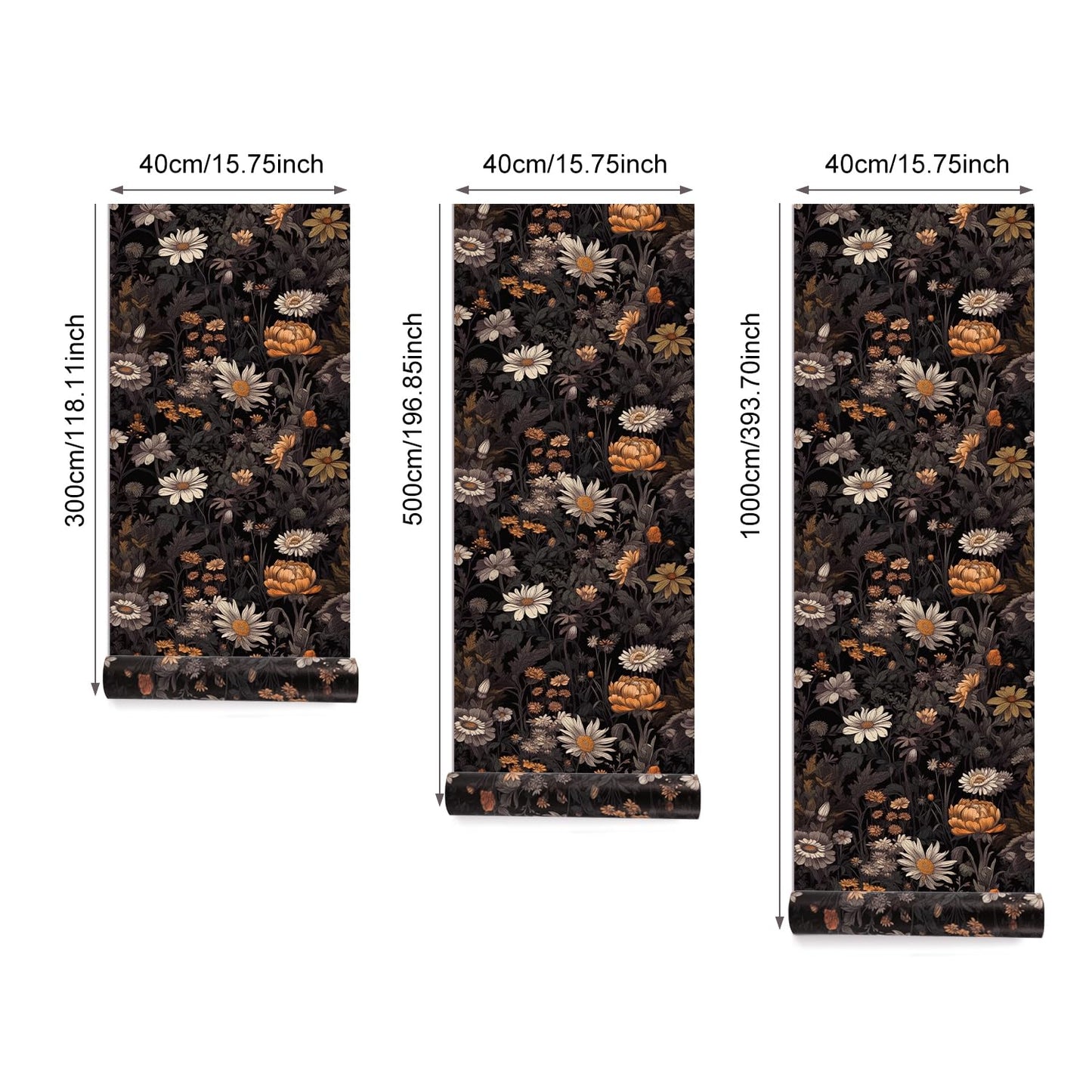 Black Floral Peel and Stick Wallpaper, Vintage Dark Botanical Contact Paper, Gold Daisy Self Adhesive Vinyl Wall Paper Waterproof&Removable Renter Friendly Wallpaper for Bedroom Cabinet 15.7"x 197"