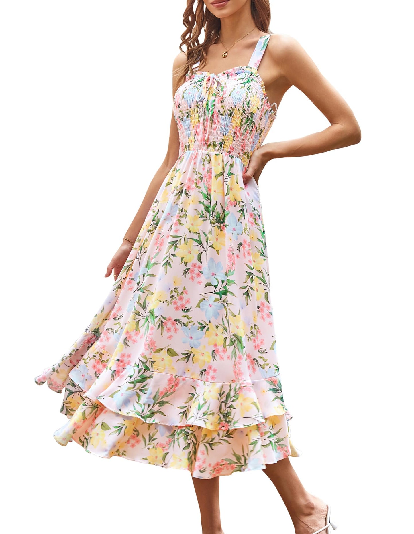 GRACE KARIN Women's 2025 Summer Floral Boho Dress Square Neck Strapped Swing A Line Sundress Beach Long Maxi Outfits