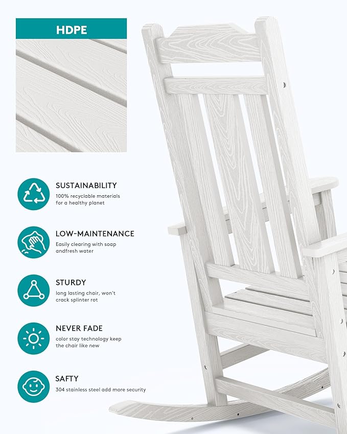 SERWALL Outdoor Rocking Chair Set of 6, Patio Rocking Chair Sets, HDPE Rocking Chair for Adults, White