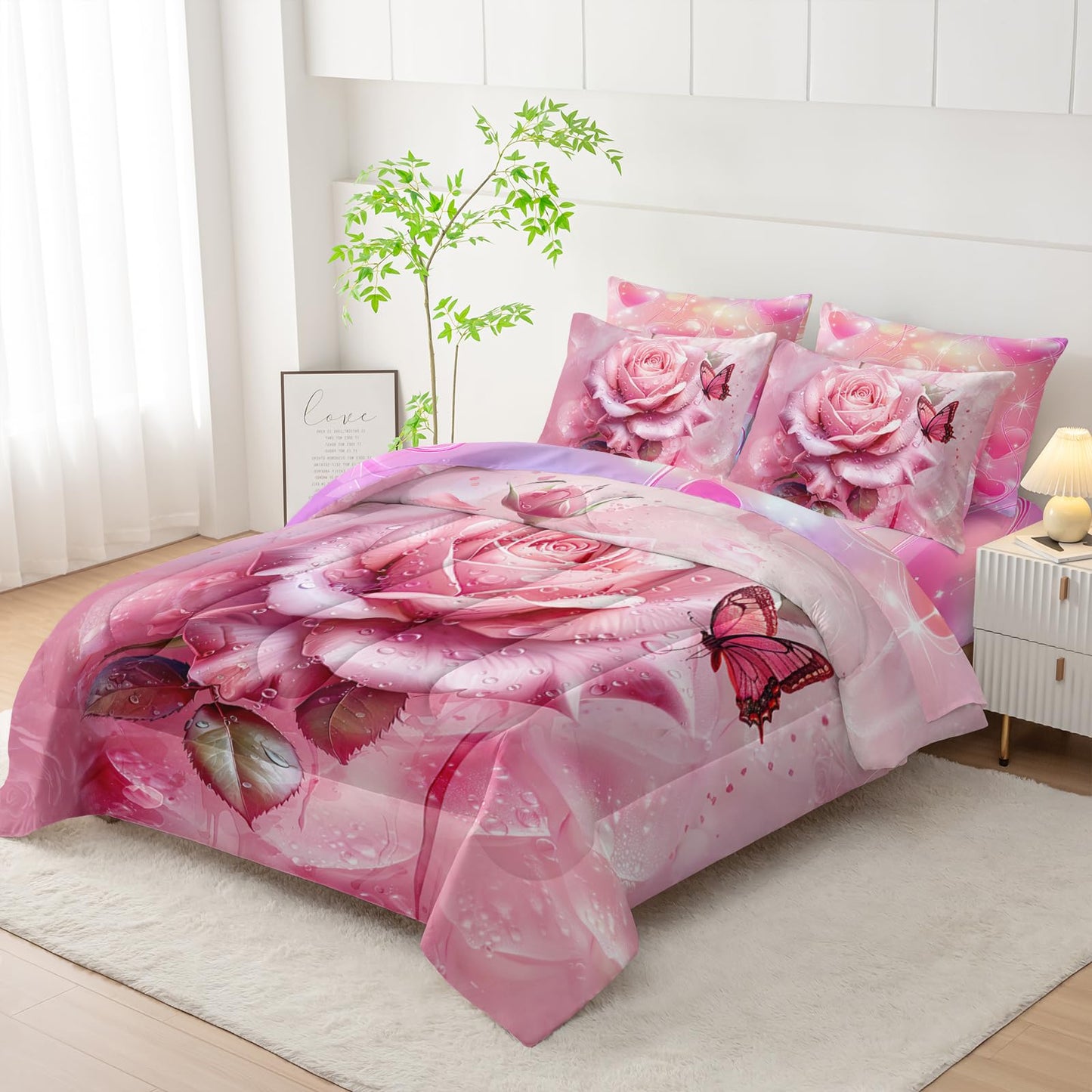 AILONEN Pink Rose Comforter Set Twin Size for Girls Women,7-Piece Soft Bed in a Bag,Rose Flower Butterfly Comforter & Fitted Sheet & Flat Sheet & 2 Pillowcases,2 Pillow Shams