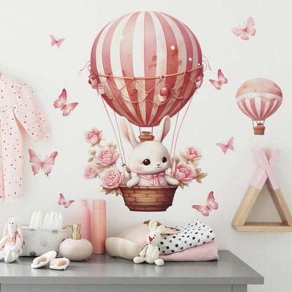 Pink Bunny Butterfly Rose Hot Air Balloon Wall Stickers, sacinora Cute Rabbit Wall Decals Removable Vinyl Peel and Stick for Kids Baby Girls Nursery Living Room Bedroom Preschool Art Decorations