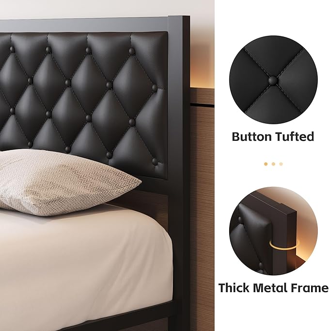 Fluest Full Bed Frame with Headboard PU Leather Upholstered Bed Frame Platform