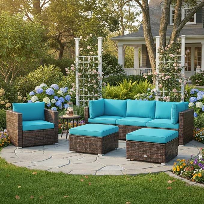 Tangkula 6 Pieces Wicker Patio Furniture Set, PE Rattan Outdoor Sectional