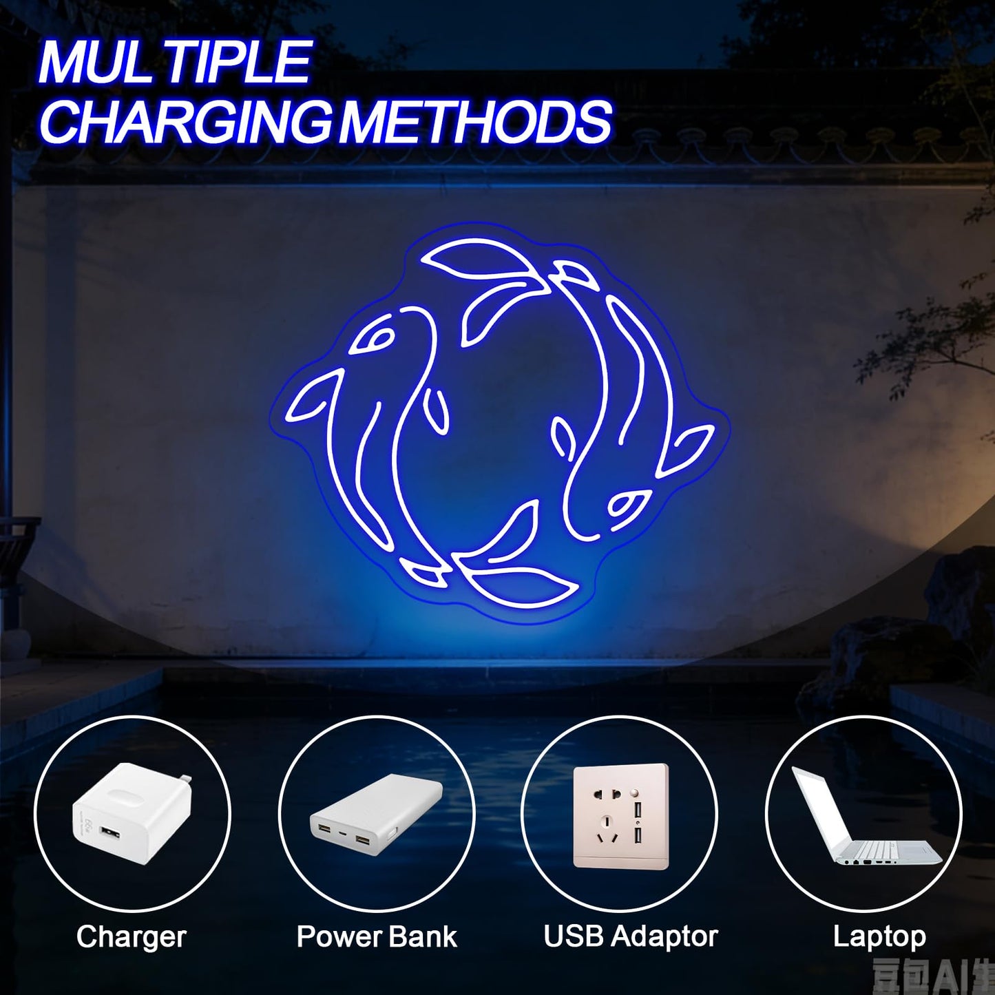 Koi Fish Neon Sign, Orange LED Neon Sign Wall Decor, Yin Yang Inspired Neon Signs for Wall Decor, Koi Fish LED Neon Wall Art Light for Bedroom Living Room Office Home Decor 15.4”×13.4”
