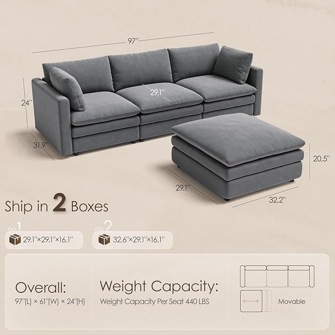 97" Cloud Couches for Living Room, 29.1" Deep Seat Modular Sectional Sofa