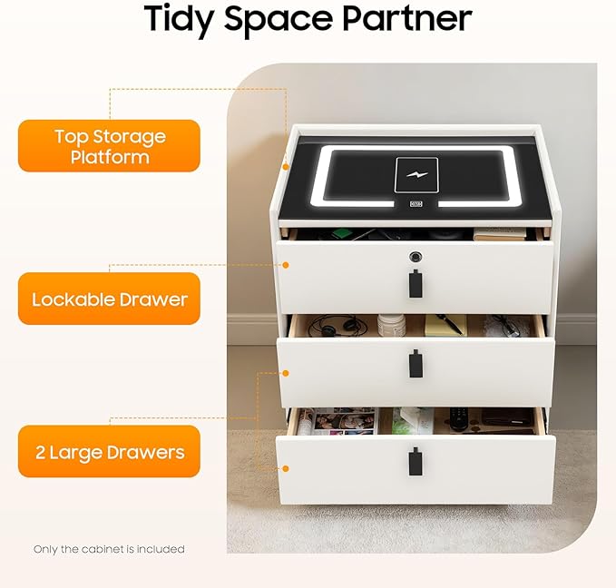 Smart Nightstand with Wireless Charging & Fingerprint Lock, 3-Drawer Bluetooth
