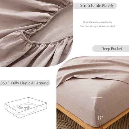 MooMee Fitted Bottom Sheet Only 100% Washed Cotton Linen Like Textured Breathable Durable Soft Comfy Deep Pocket Fits Mattress up to 17" (Mauve Brown, Queen)