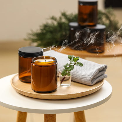 24 Pack 8oz Amber Glass Jars with Black Lids - For Candle Making, Food Storage, Canning, Spices, Liquids - Leakproof & Dishwasher Safe