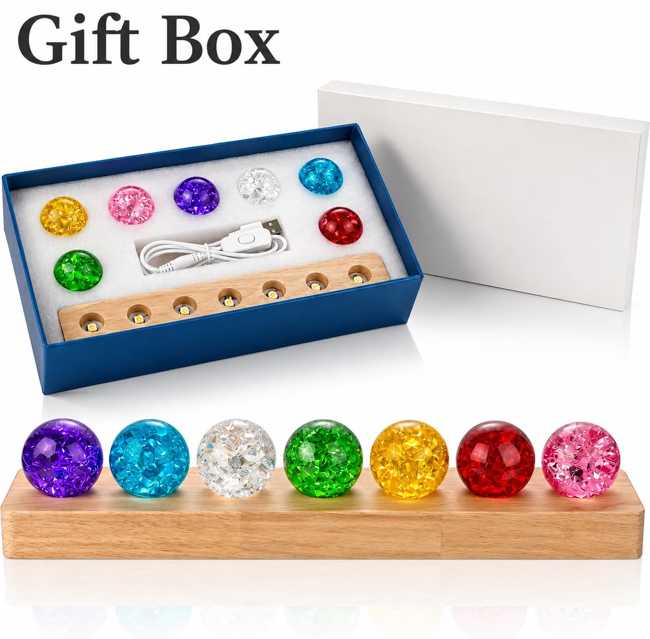 JINWU ClearPeak 7 Colors 40mm Ice Cracked Crystal Balls, Chakra Healing Sphere with LED Wooden Base, Glass Night Light for Home Living Room Meditation, Valentines Day (Set 7-Rainbow)