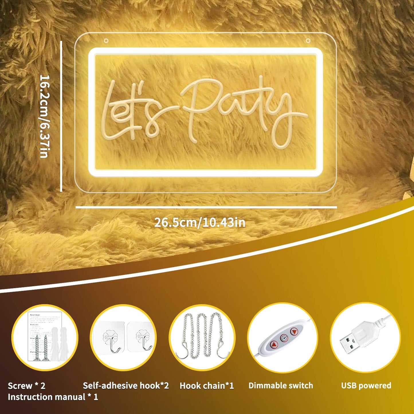 KeyDoors Let's Party 10.4 x 6.3in LED Neon Sign – Warm White Dimmable Neon Light, USB Powered Wall Decor for Party Backdrop, Bachelorette Party Decor, Ideal Christmas Gift & Birthday Gift