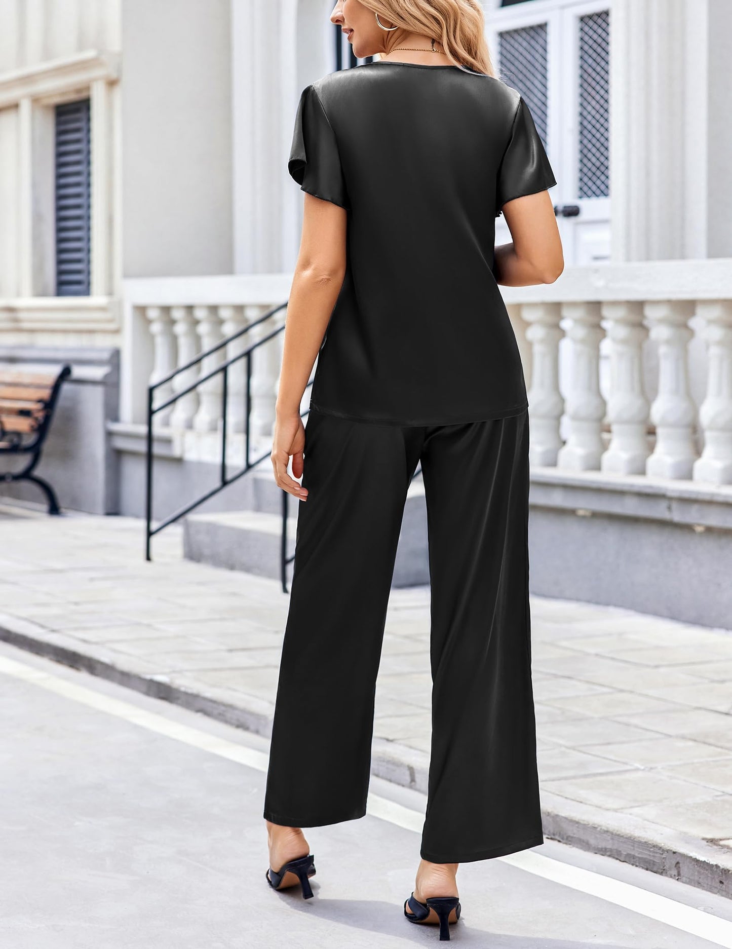 Ekouaer Women's Satin Silky Pajama Set 2 Piece Short Sleeve Shirt with Long Pants Pjs Sets Soft PJ Loungewear S-XXL