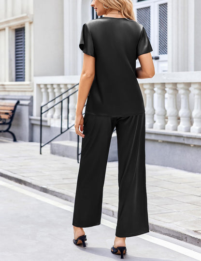 Ekouaer Women's Satin Silky Pajama Set 2 Piece Short Sleeve Shirt with Long Pants Pjs Sets Soft PJ Loungewear S-XXL