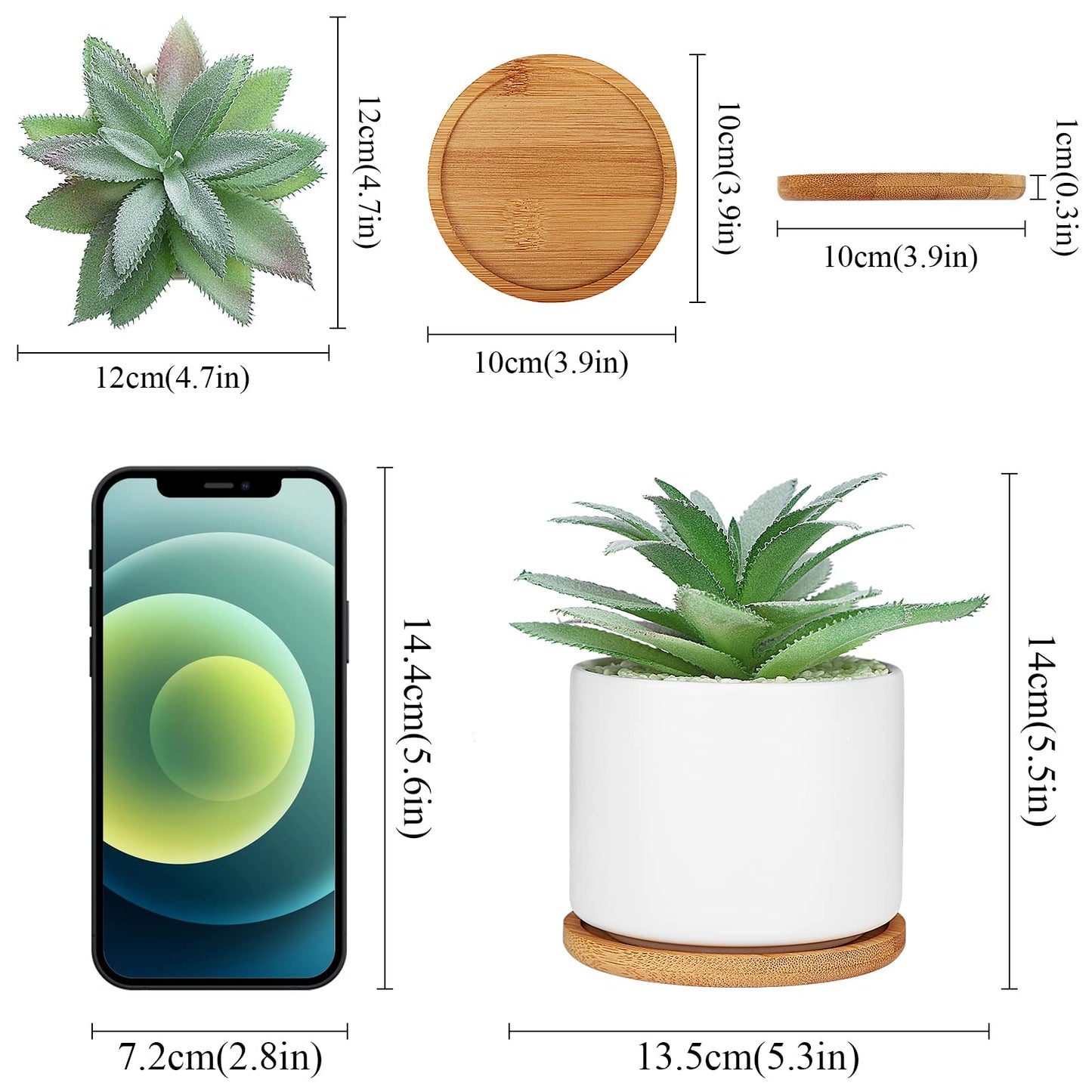 Hopewood Artificial Succulents Plant, Faux Agave Succulent Plant in Ceramic Pots with Bamboo Tray, Fake Potted Plants for Office Desk Living Room Decor(Set of 2)