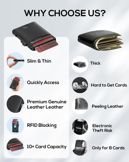 Taykos Minimalist Mens Wallet Card Holder: Pop Up Card Case, Genuine Leather, Smart, RFID Blocking, Slim, Thin, Front Pocket, Gift Box - 9-12 Card Capacitiy, Cash Pocket (Black)