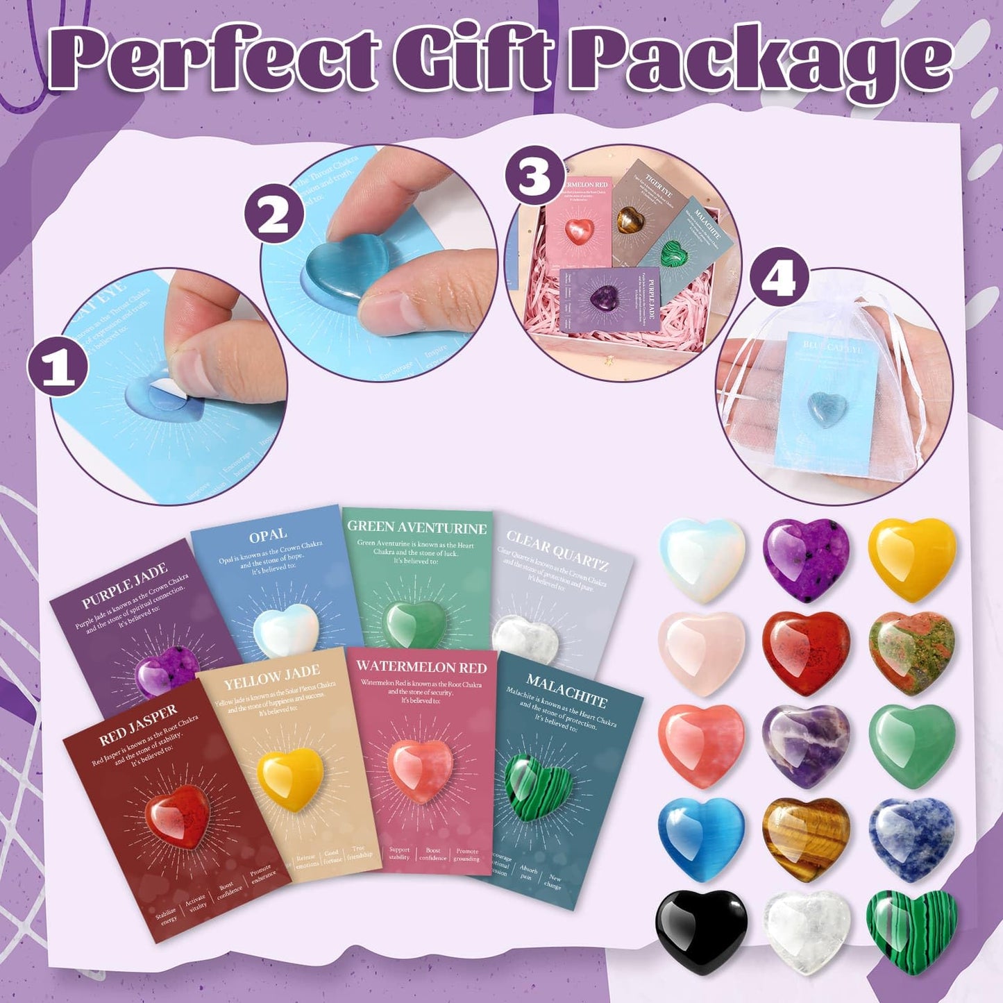 15Pcs Heart Crystals and Healing Stones Bulk, 0.8" Natural Polished Heart Shaped Rocks Gemstones with Meaning Cards for Meditation Balancing Chakra Reiki Spiritual Valentines Mother's Day Gifts
