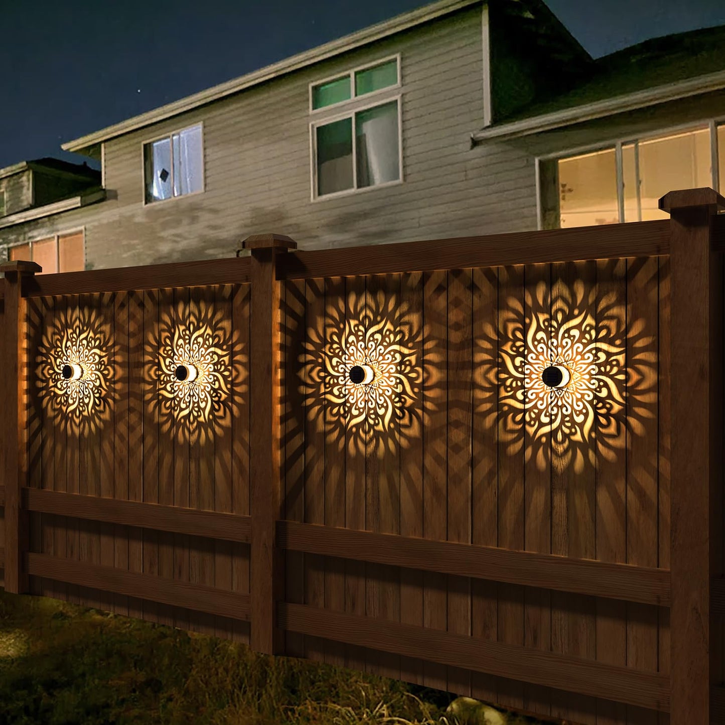 gardencave 2 Pack Solar Fence Lights Metal Solar Powered Outdoor Deck Step Wall Lights Mandala Theme Waterproof Fence Light for Garden Post Patio Backyard Yard Decor (2 Pack)