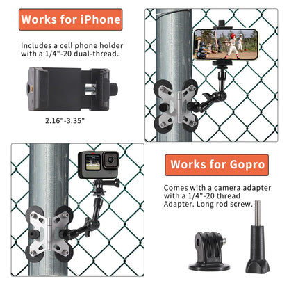 Magnetic Camera Fence Mount for Mevo Start, Post Mount for Cell Phone/GoPro,Two 1/4" Threaded Points, Flexible Hinge Camera Holder, for Recording Baseball/Tennis Games/Softball