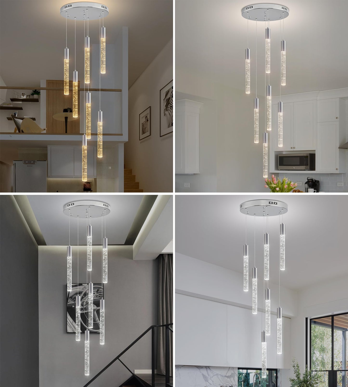 Upfelw Modern High Ceiling Crystal Chandelier 7-Lights, Spiral LED Raindrop Foyer Pendant Lighting, Bubble Staircase Living Room Hanging Light Fixture Flush Mount Chrome