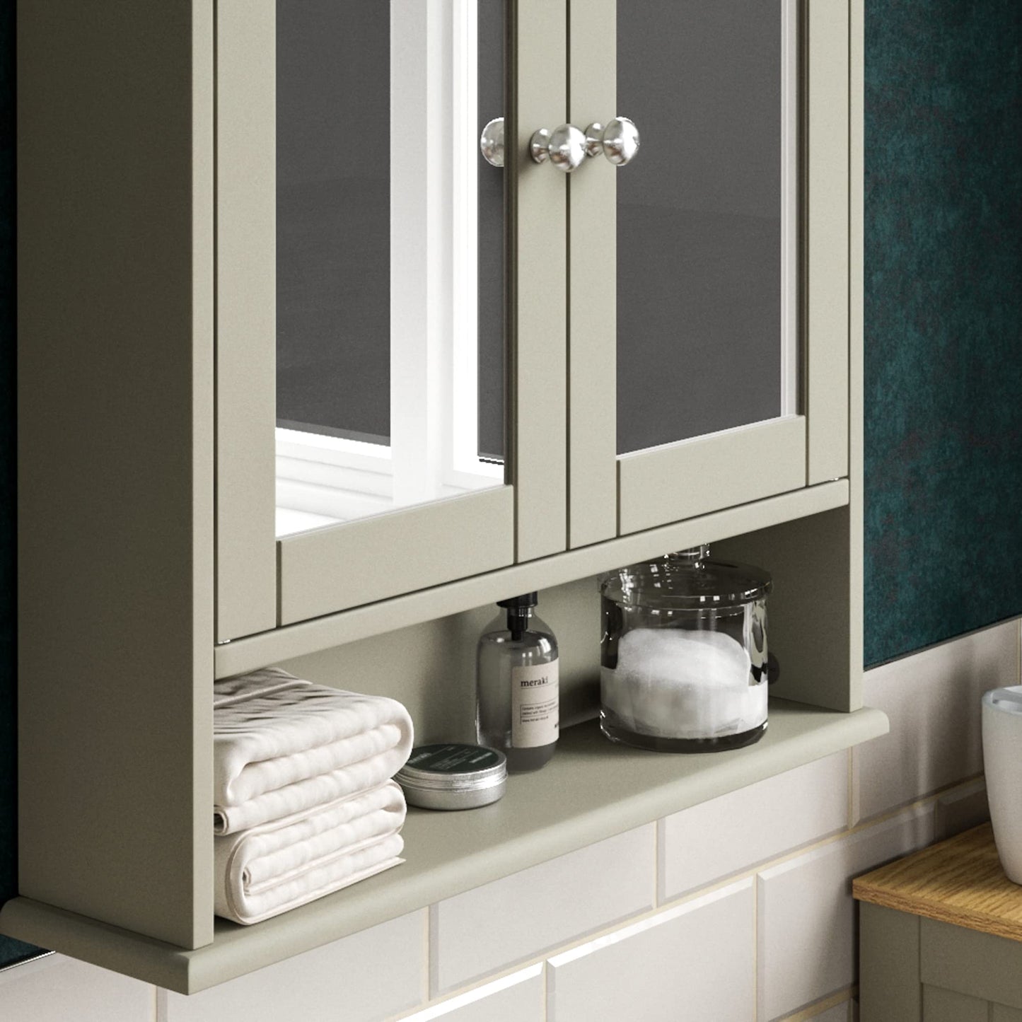 Bath Vida Priano Double Door Bathroom Cabinet, Wood, Grey & Oak, Mirrored Wall Mounted Storage Furniture