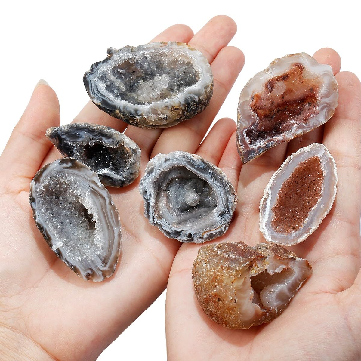 mookaitedecor Set of 2 Natural Agate Geode Crystal Druzy Cluster, Irregular Geode Rocks Quartz Stone Mineral Specimen for Collection Home Office Decor, 13-56g