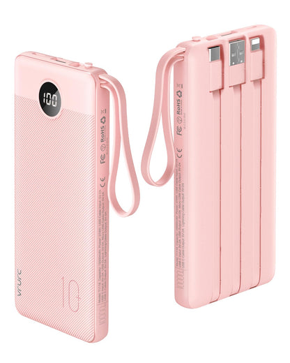 VRURC Portable Charger with Built in Cables, Slim Power Bank 10000mAh, USB C Battery Pack Travel Essential, 5 Outputs 2 Inputs Phone Charging Bank for iPhone 16 15 14 13,Samsung,Android-Black(1 Pack)