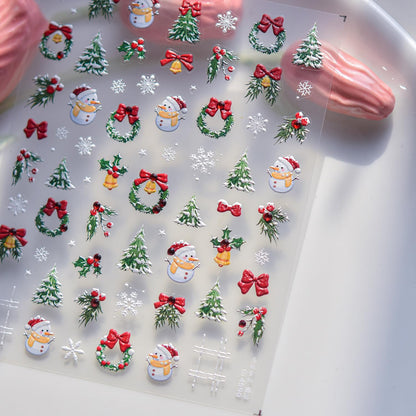 Christmas Nail Art Stickers 5D Embossed Xmas Nail Decals Christmas Tree with Snowman Design Snowflake Nail Sticker Winter Nails Adhesive Stickers Manicure Supplies for Women Nail Decorations