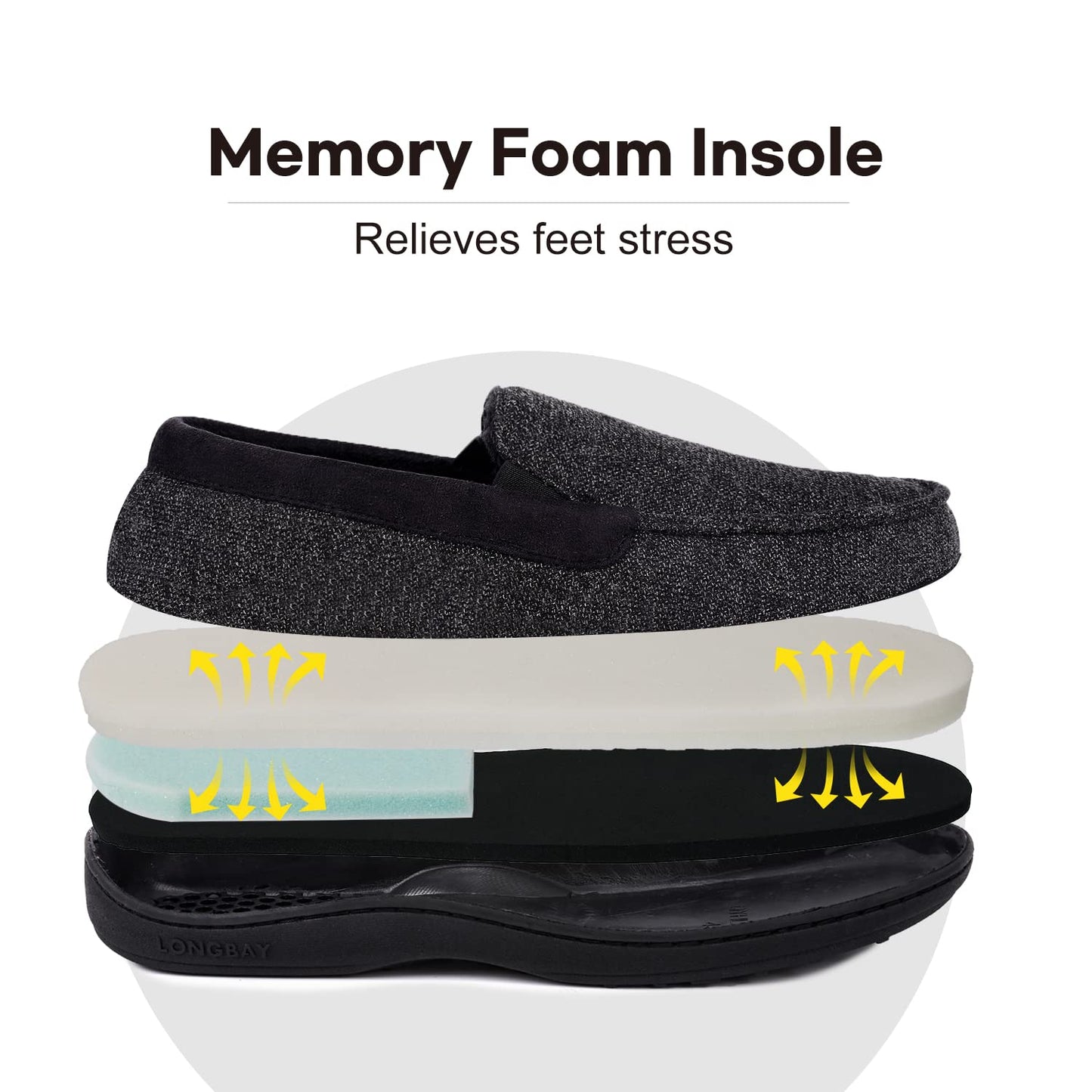 LongBay Mens Memory Foam Moccasin Slippers Plush Fleece House Slipper in Indoor Outdoor Shoes, Black 1, 10 UK