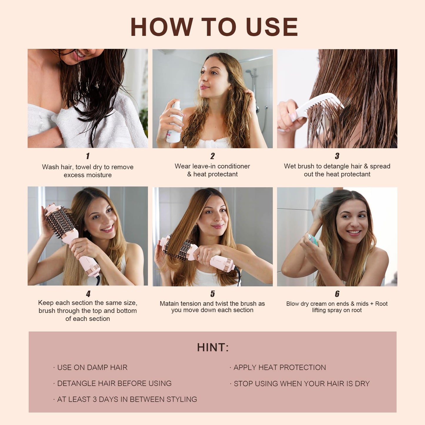 110-240V Travel Brush Hair Dryer, Small Hair Straightener Brush with European Plug Adapter for International Travel, 4 in 1 Hot Air Styler & Dryer for Drying Straightening Curling Volumizing