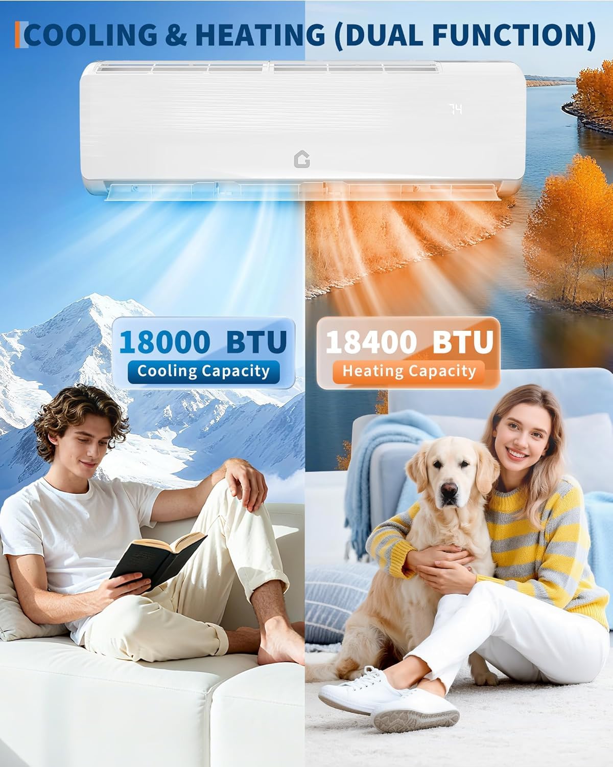 18000 BTU 19 SEER2 Mini Split AC Air Conditioner Heat Pump Inverter, 230V Ductless System, Cools Heats 1250 Sq.Ft, R32 Series with Installation Kits, White