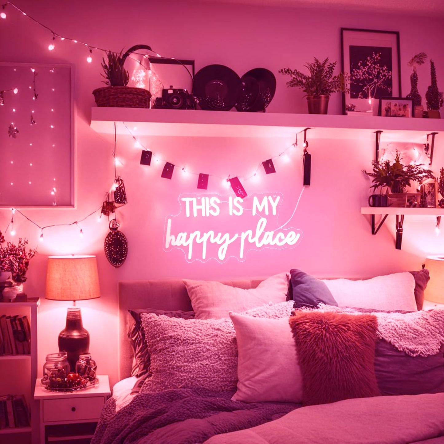Neon Signs for Wall Decor - This Is My Happy Place Neon Signs for Teen Girls Bedroom Decor, Pink Led Neon Lights for Wall Decor, Nightstand Light, Dimmable Switch USB Power, Adhesive Hook Included