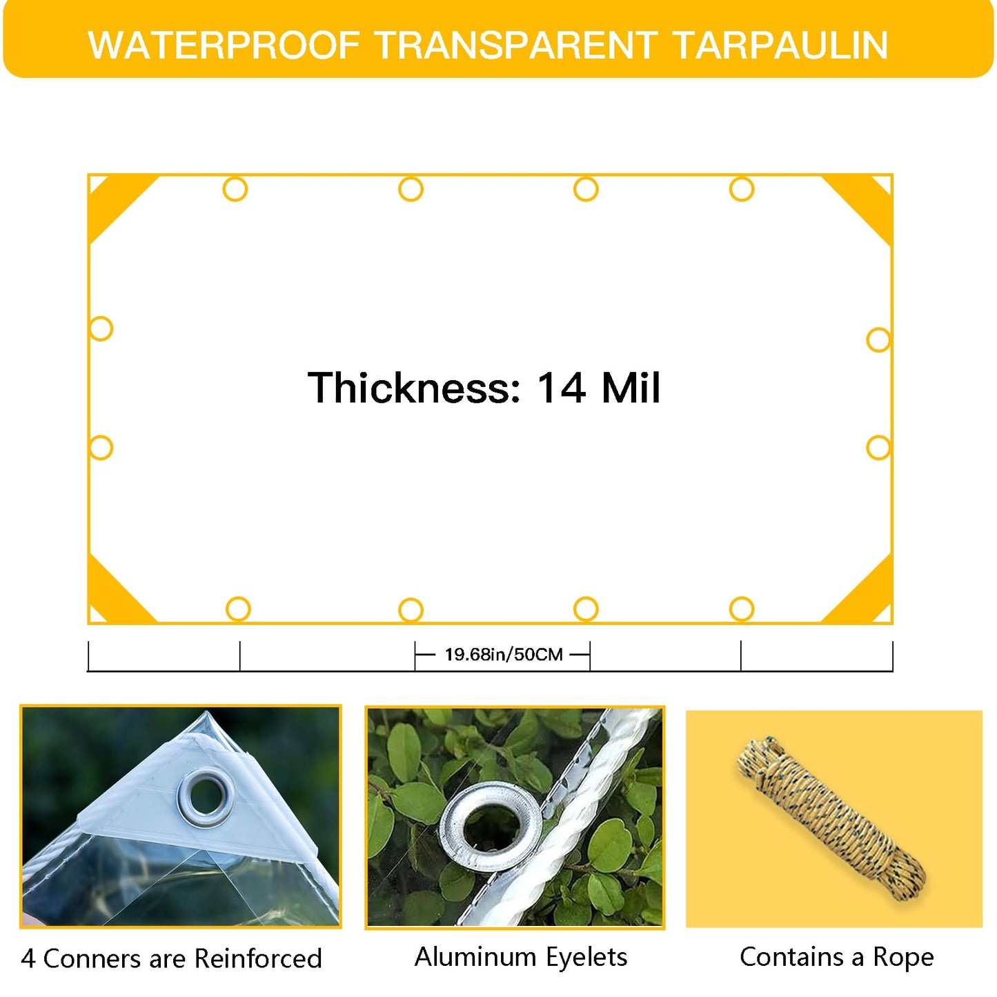 LC&QS Clear Tarps Heavy Duty PVC, Transparent Tarp Durable Waterproof Dustproof Windproof, Tarpaulin with Grommets & Ropes for Greenhouse, Patio, Garden, Pavilion, Chicken, Porch, Outdoor (10' x 12')
