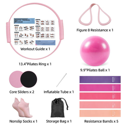 gymfrog 13 PCS Pilates Equipment Kit for Women,Pilates Ring and Ball Set with Resistance Bands,Core Sliders, Socks, Bag & Guide for Starter Home Workout Fitness Gym Essentials