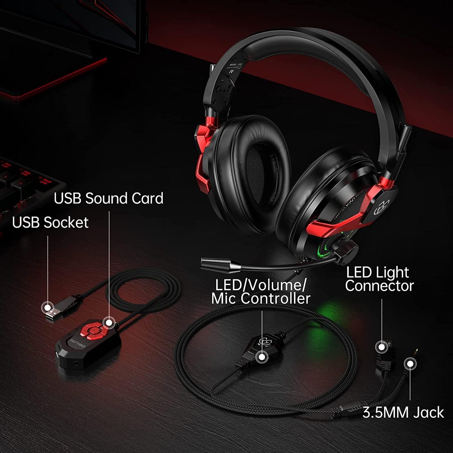 Tatybo PC Gaming Headset with Mic for PS5 PS4 Xbox, USB Headset with 7.1 Surround Sound, Wired 3.5mm Headphones, RGB