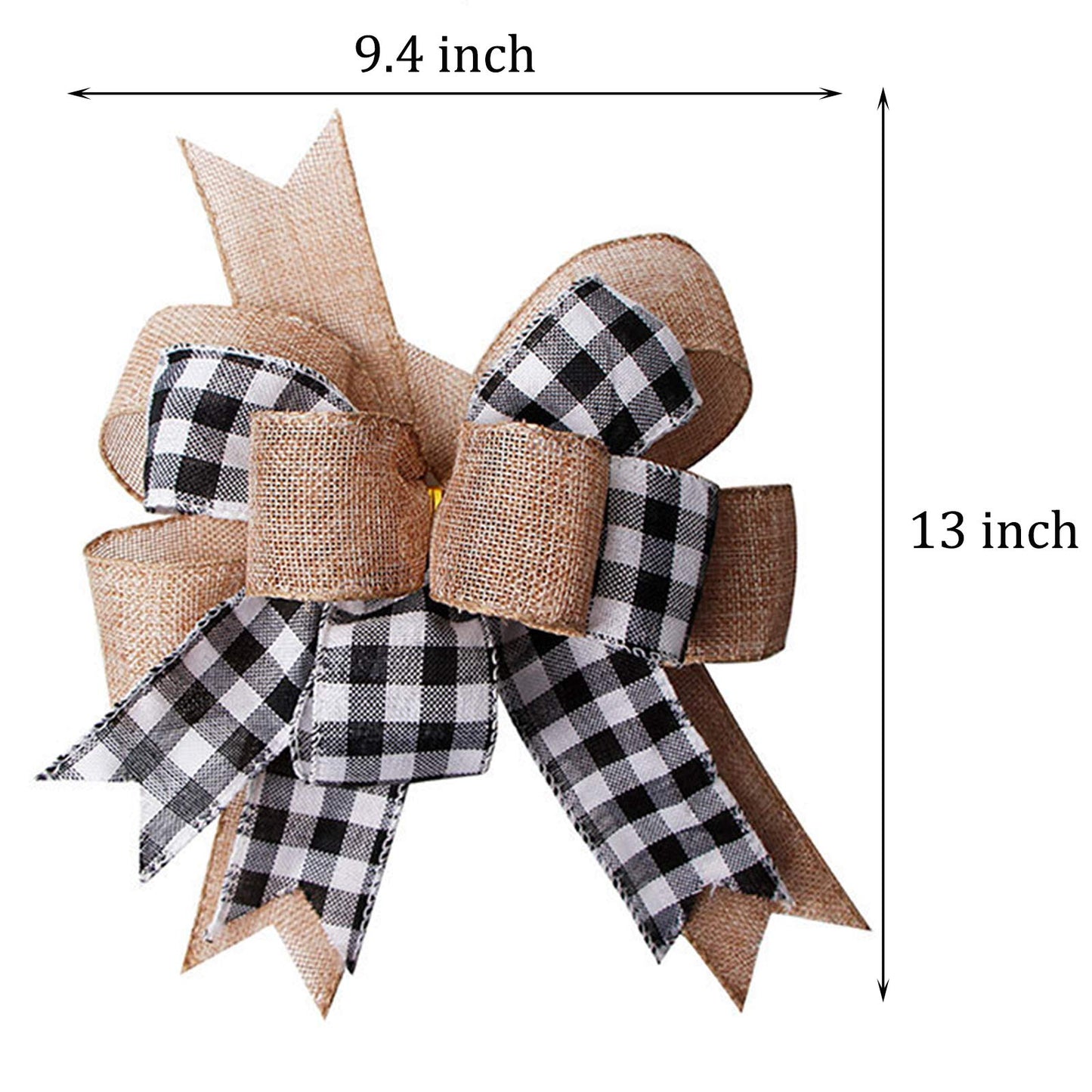 Black White Buffalo Plaid Burlap Wreath Bow Double Layed Gift Bows Wreath Bow Wall Ornaments Christmas Tree Topper Bows for Holiday Home Front Door Decorations, 12 x 9.4 inch