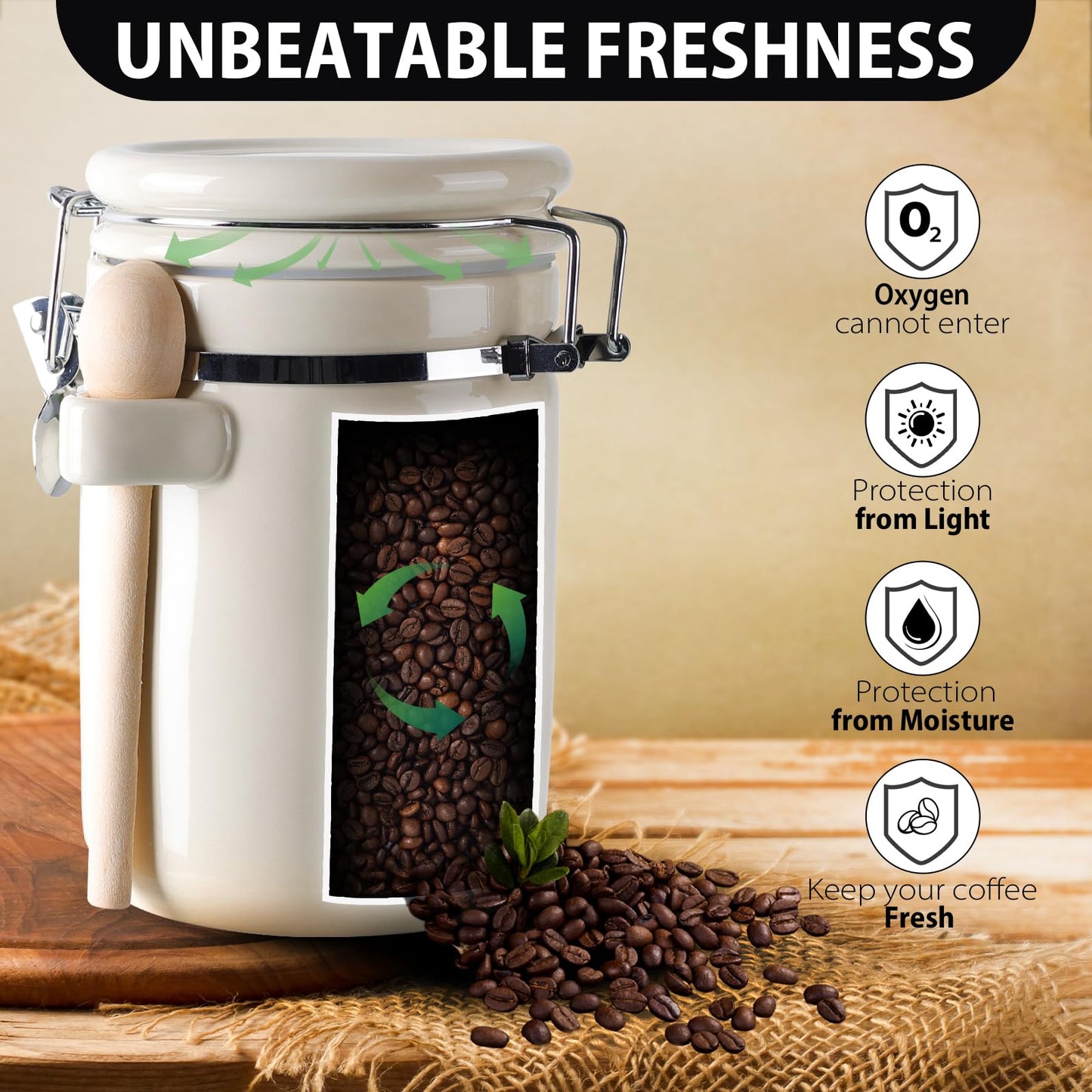 ZEBERBO 4 Piece Airtight Ceramic Canister Set With Attached Wooden Spoon Reusable Chalk Labels For Dry Goods Sugar Coffee Tea Kitchen Storage Use (Cream)