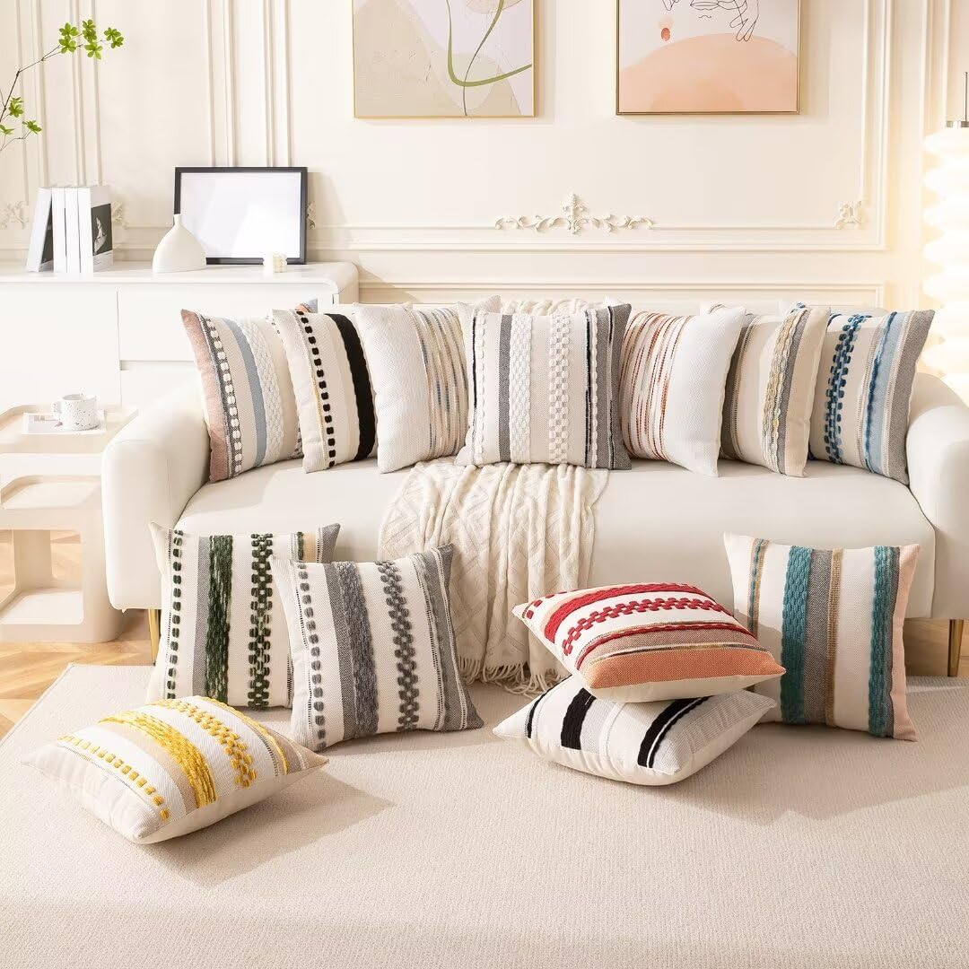 Boho Throw Pillow Covers 18x18 Set of 2 Farmhouse Decorative Cushion Case Striped Square Pillows Cover Chenille Pillow Cases Accent Neutral Pillowcase for Sofa Couch Bed,Sky Blue