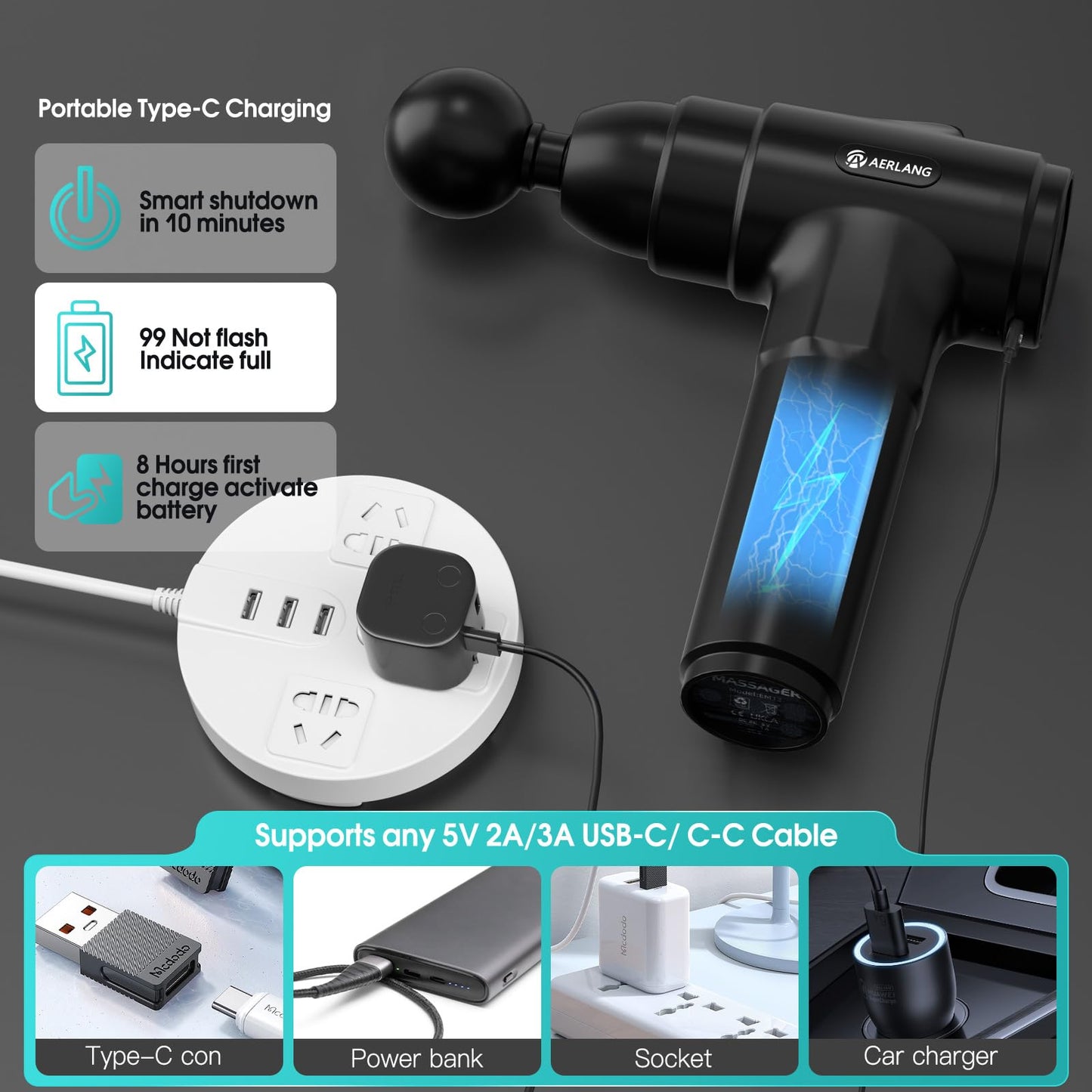 AERLANG Massage Gun, Deep Tissue Muscle Back Massage for Athletes Pain Relief, Percussion Massager with 6 Massages Heads & 20 Speed Fathers Birthday Day Gifts from Daughter Portable Back Massager Gun