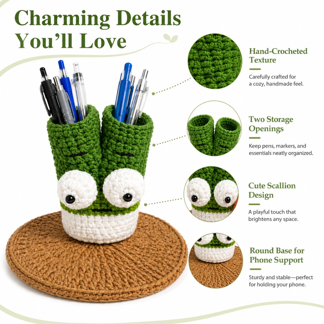 XIBIGEYE Cute Crochet Pen Holder for Desk - Handmade Green Onion Pencil Cup with Phone Stand | Funny Desk Organizer, Unique Teacher Gift, Back to School Desk Accessories for Students & Office
